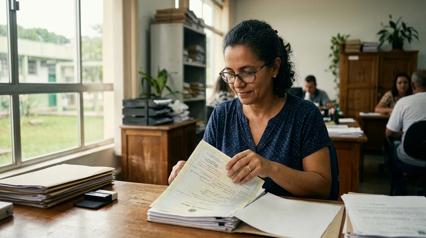 Servidora pública de meia-idade sentada à mesa organizando documentos e uma certidão de óbito, escritório público ao fundo levemente desfocado, luz natural suave pela janela, expressão serena e atenciosa