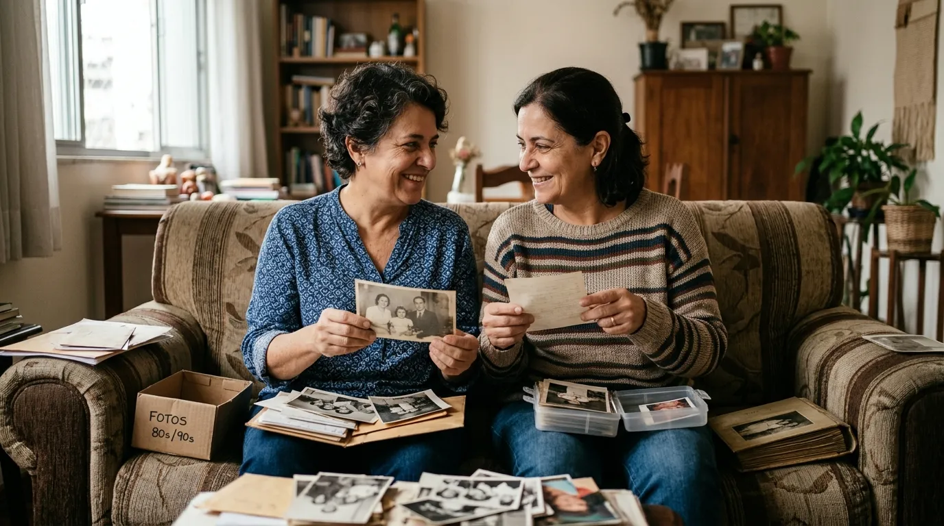 Casal do mesmo sexo sentado lado a lado no sofá da sala organizando documentos e fotografias antigas, luz natural suave da janela, expressão serena e acolhedora, ambiente doméstico simples levemente desfocado ao fundo