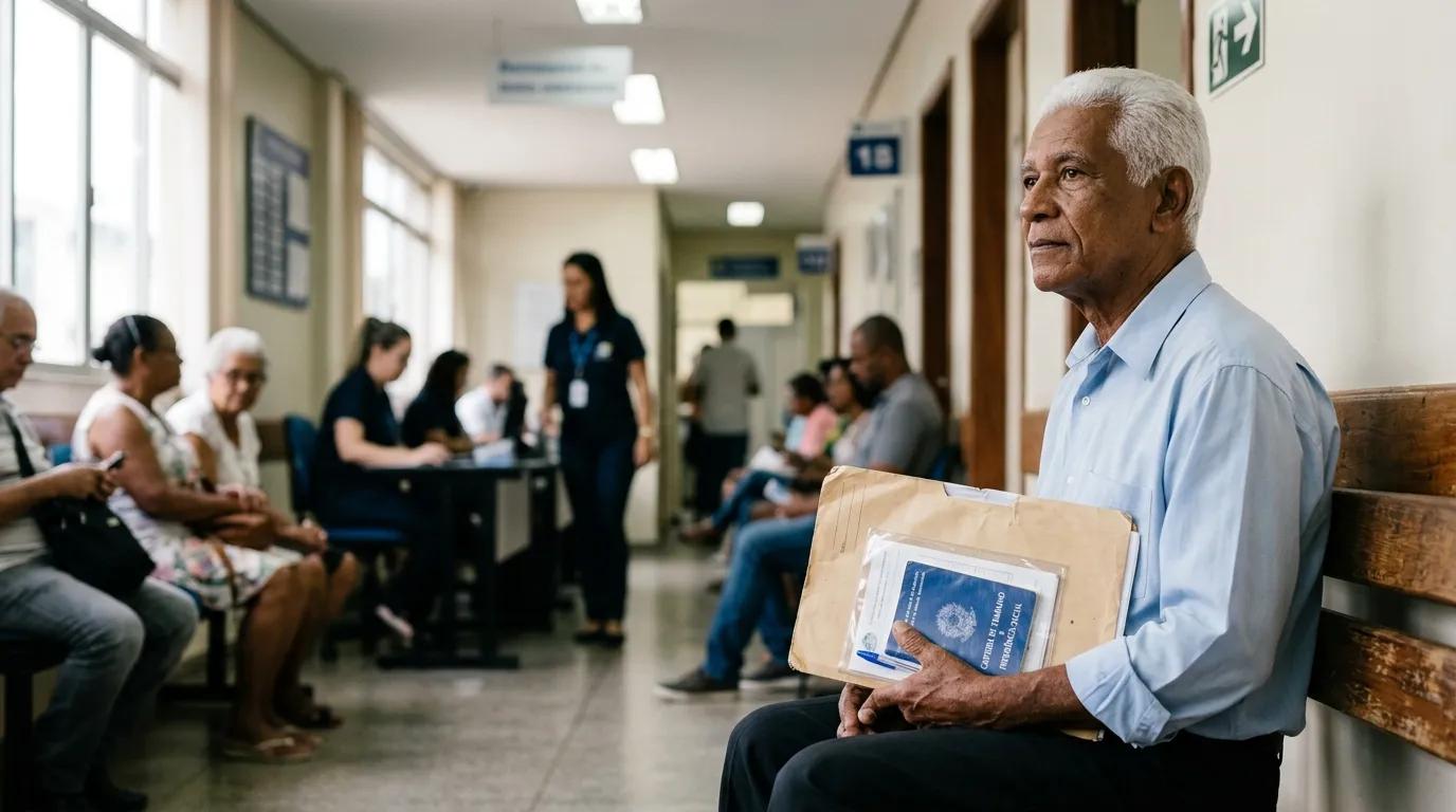 Senhor idoso de cabelos brancos aguardando atendimento em corredor de agência do INSS, segurando pasta com documentos, luz natural suave, atendentes ao fundo levemente desfocados, expressão serena e atenta