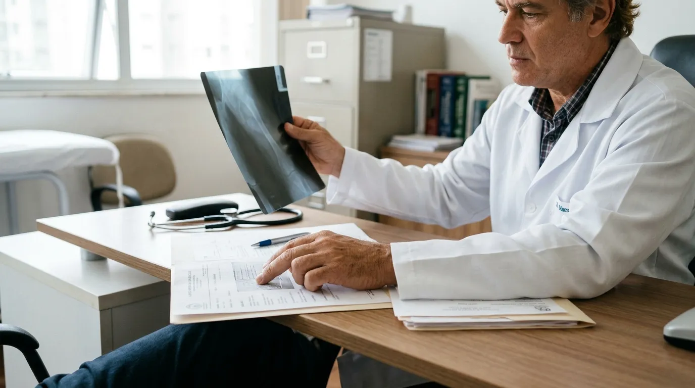 Médico perito de jaleco branco analisando radiografias e laudos médicos em um consultório bem iluminado, estetoscópio sobre a mesa, luz clara e clínica, foco nas mãos segurando os exames