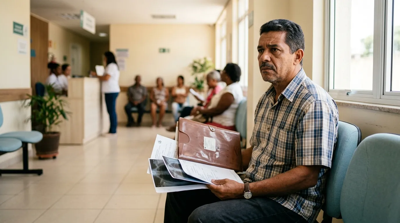 Homem de meia-idade sentado em sala de espera clínica clara, segurando uma pasta de documentos e exames médicos, luz natural suave vinda de uma janela, expressão atenta e levemente preocupada, fundo desfocado