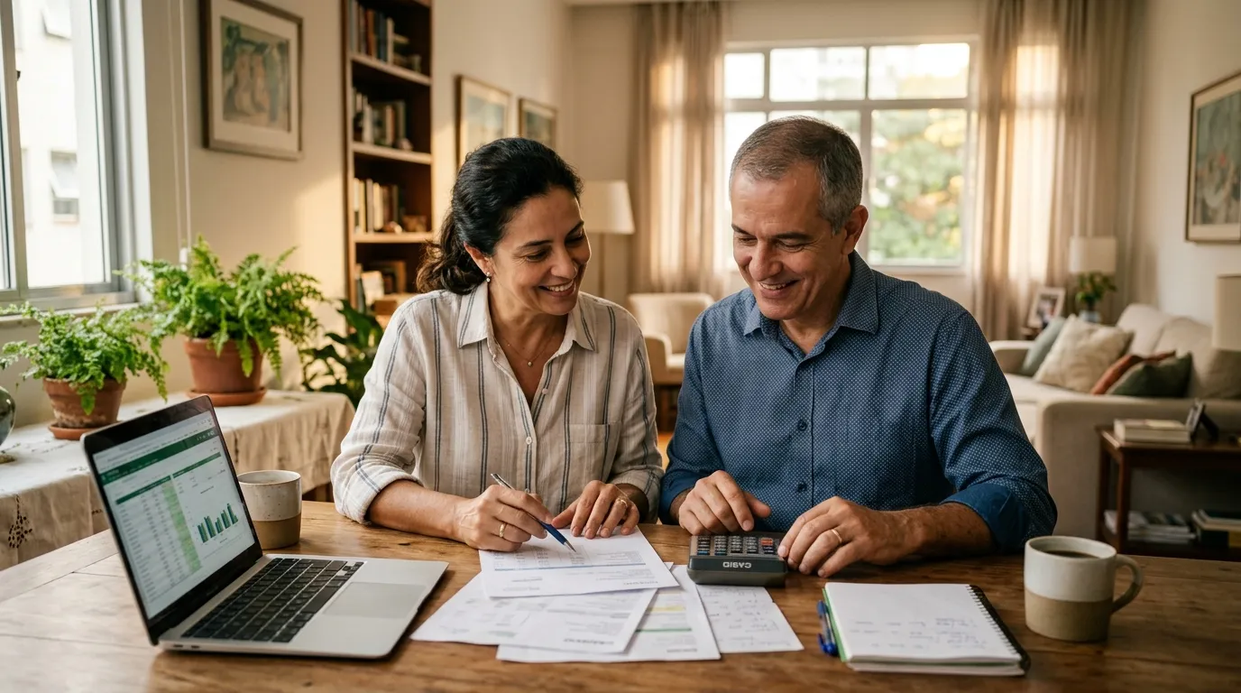Casal de meia-idade sentado à mesa de casa analisando papéis e uma calculadora, notebook aberto ao lado, luz quente de fim de tarde entrando pela janela, ambiente organizado e tranquilo, expressão concentrada e otimista