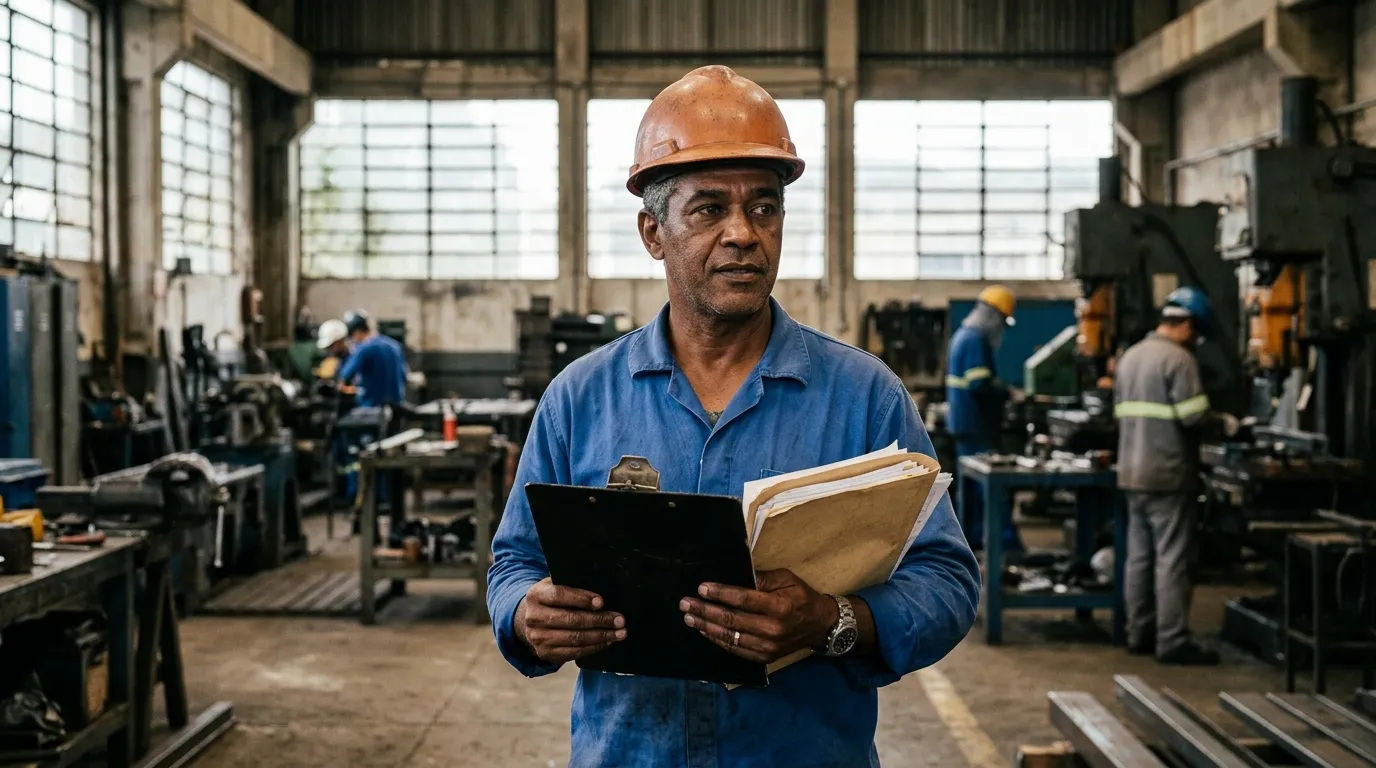 Trabalhador brasileiro de meia-idade com uniforme e capacete em galpão industrial, segurando uma pasta com documentos, luz natural entrando pelas janelas ao fundo levemente desfocado, expressão atenta