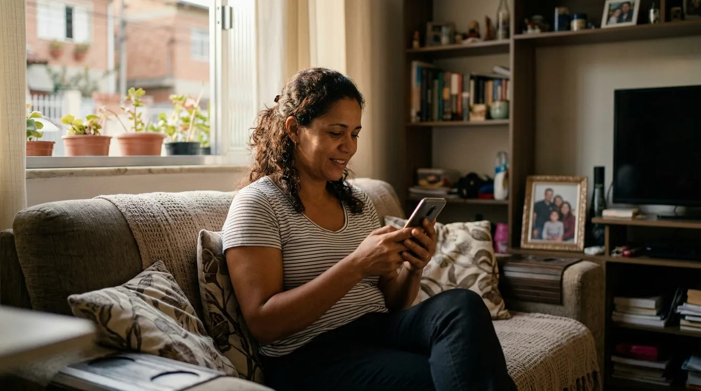 Mulher adulta sentada no sofá de casa conferindo o andamento de um processo pelo celular, expressão de expectativa, luz natural suave da tarde, ambiente doméstico simples
