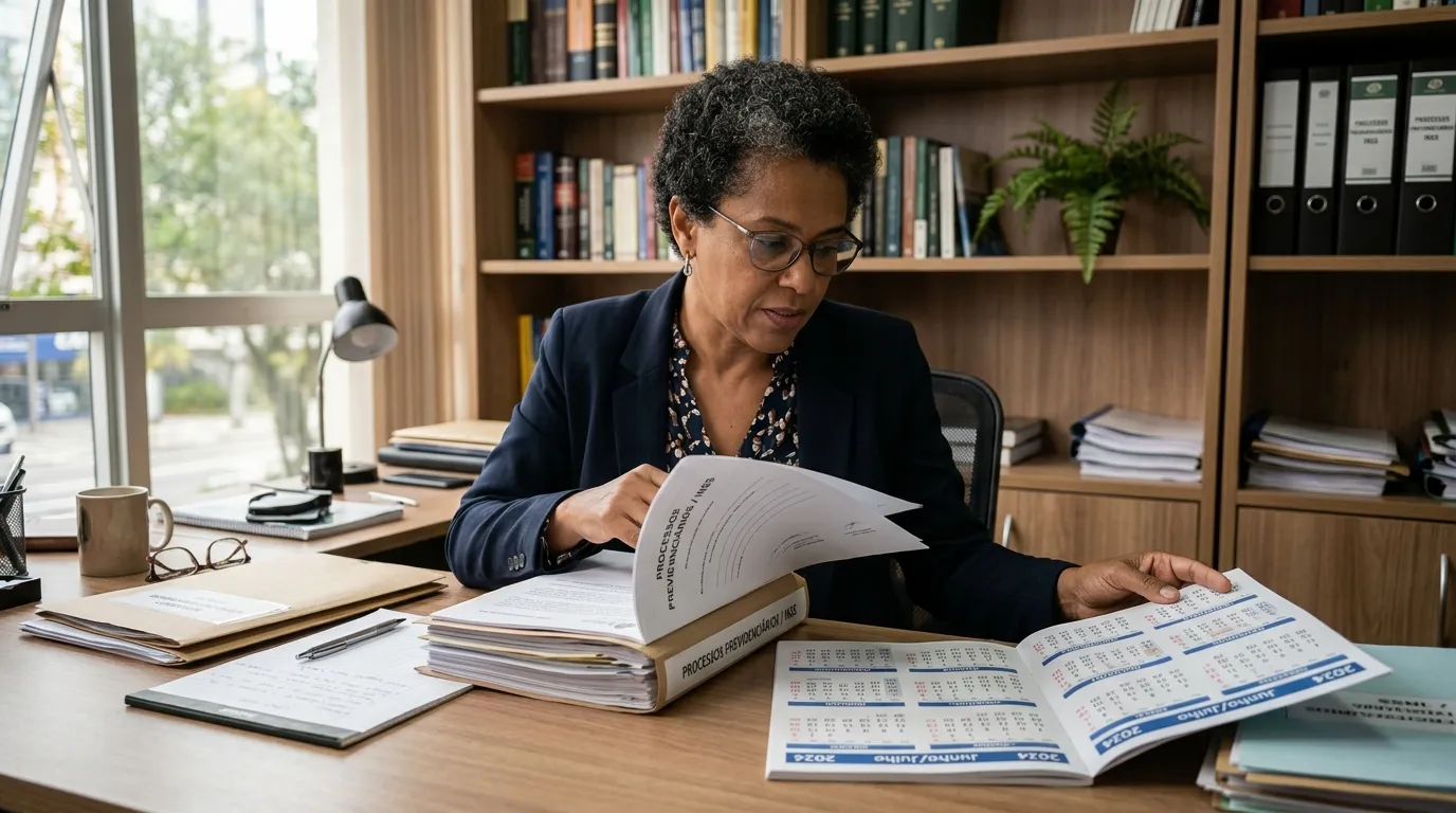 Advogada de meia-idade folheando documentos previdenciários e um calendário sobre a mesa de um escritório, luz natural suave entrando pela janela, expressão concentrada, estante de livros desfocada ao fundo