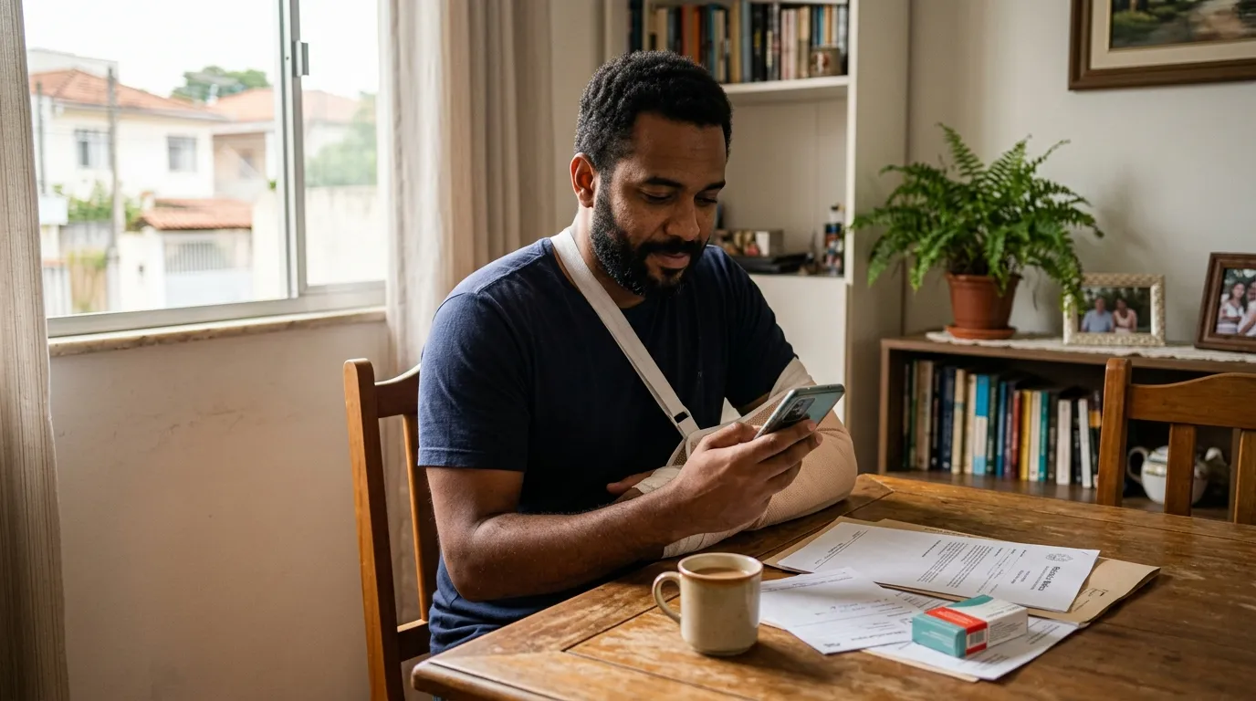 Homem adulto com o braço imobilizado sentado em casa usando o celular com atenção, documentos médicos sobre a mesa ao lado, luz natural suave da manhã, ambiente doméstico tranquilo, expressão focada e esperançosa