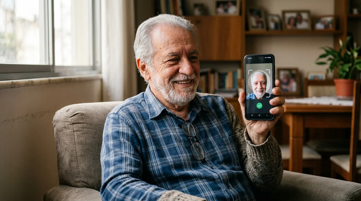 Senhor idoso sorrindo enquanto faz reconhecimento facial pelo celular em casa, luz natural suave vinda da janela, ambiente doméstico aconchegante, expressão tranquila e confiante