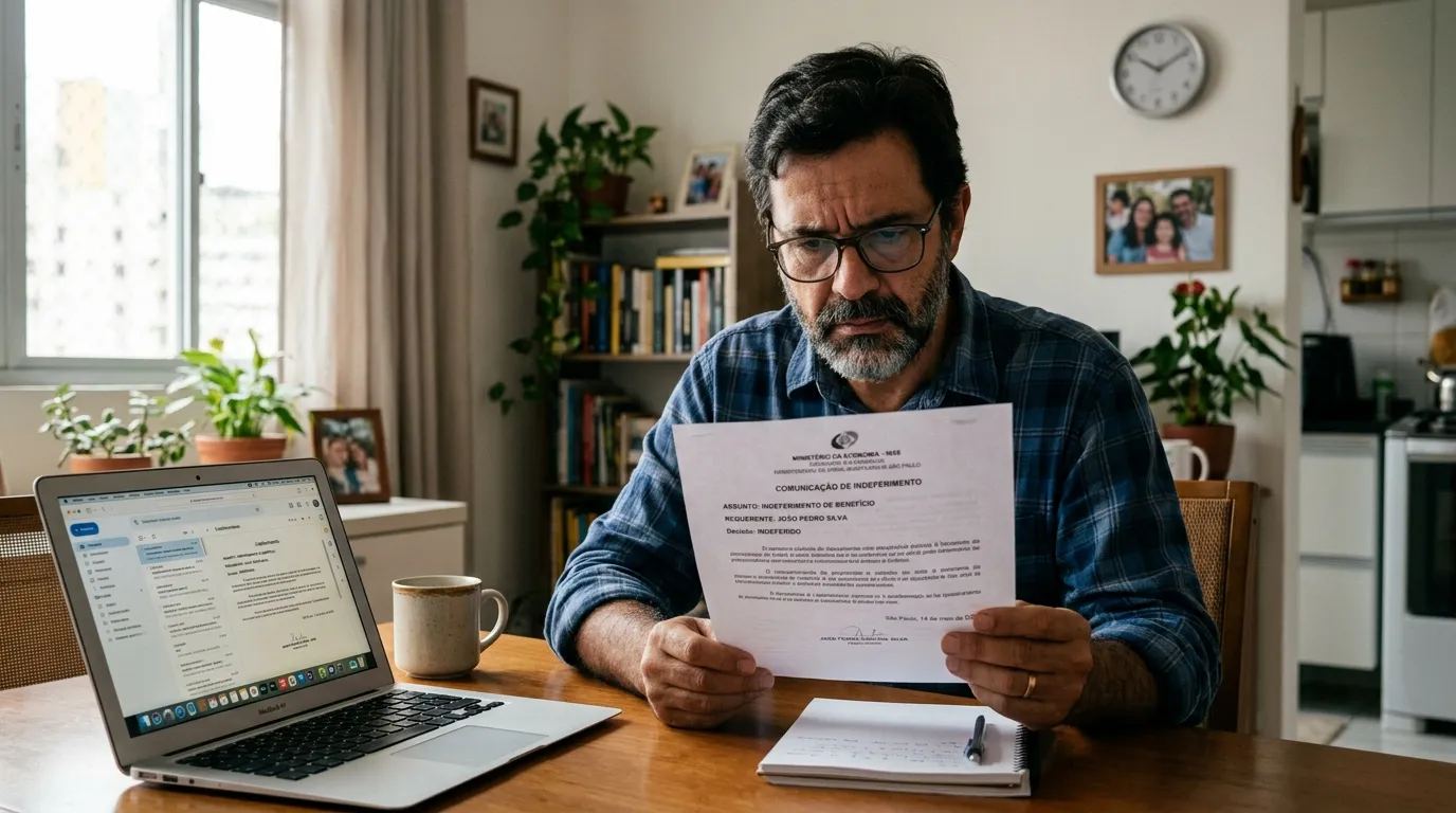 Homem adulto sentado à mesa de casa lendo uma carta de indeferimento com expressão preocupada, notebook aberto ao lado, luz natural suave de manhã, ambiente doméstico organizado