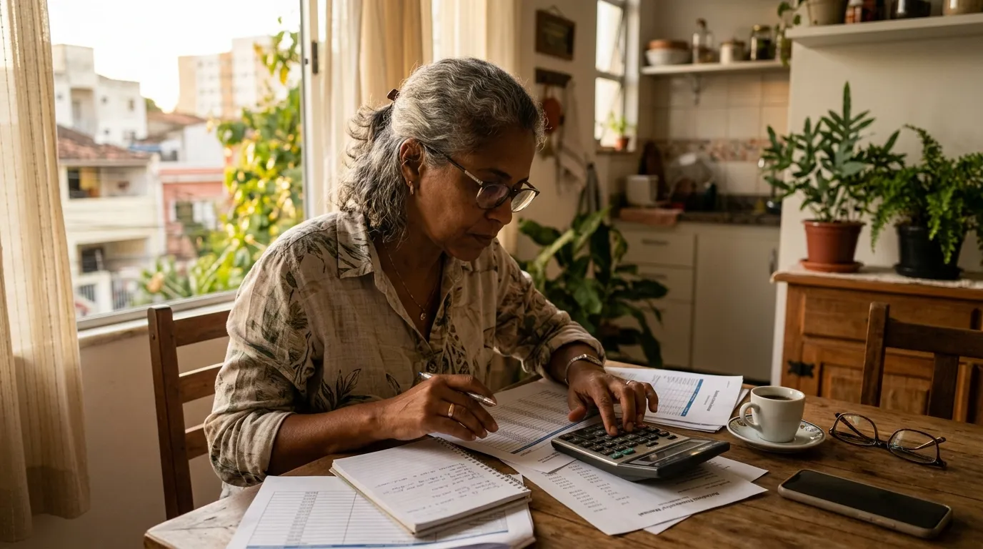 Mulher de cabelos grisalhos usando uma calculadora sobre a mesa da cozinha enquanto confere documentos de trabalho, luz natural quente de fim de tarde, expressão atenta e concentrada
