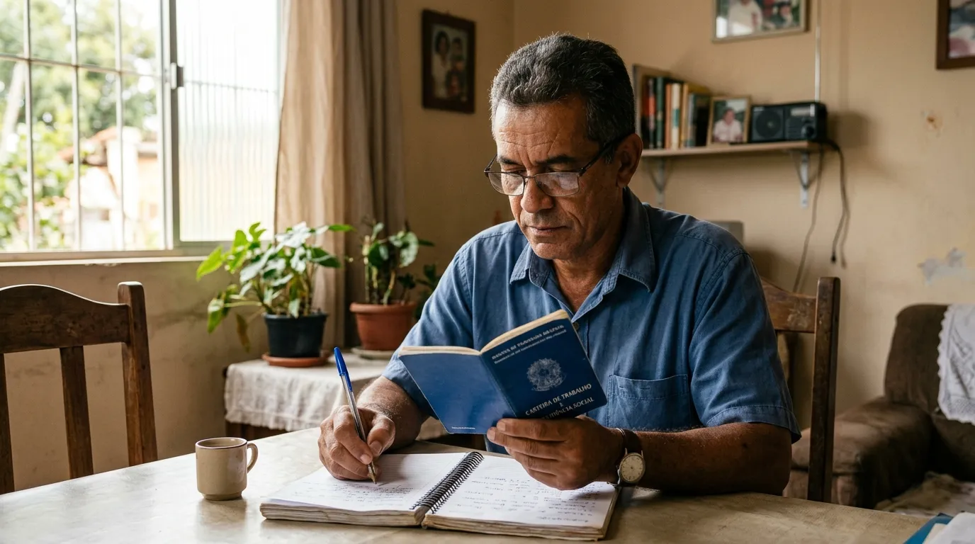 Homem de meia-idade sentado na sala de casa conferindo uma carteira de trabalho antiga e anotações em um caderno, luz natural suave entrando pela janela, expressão concentrada, ambiente doméstico simples