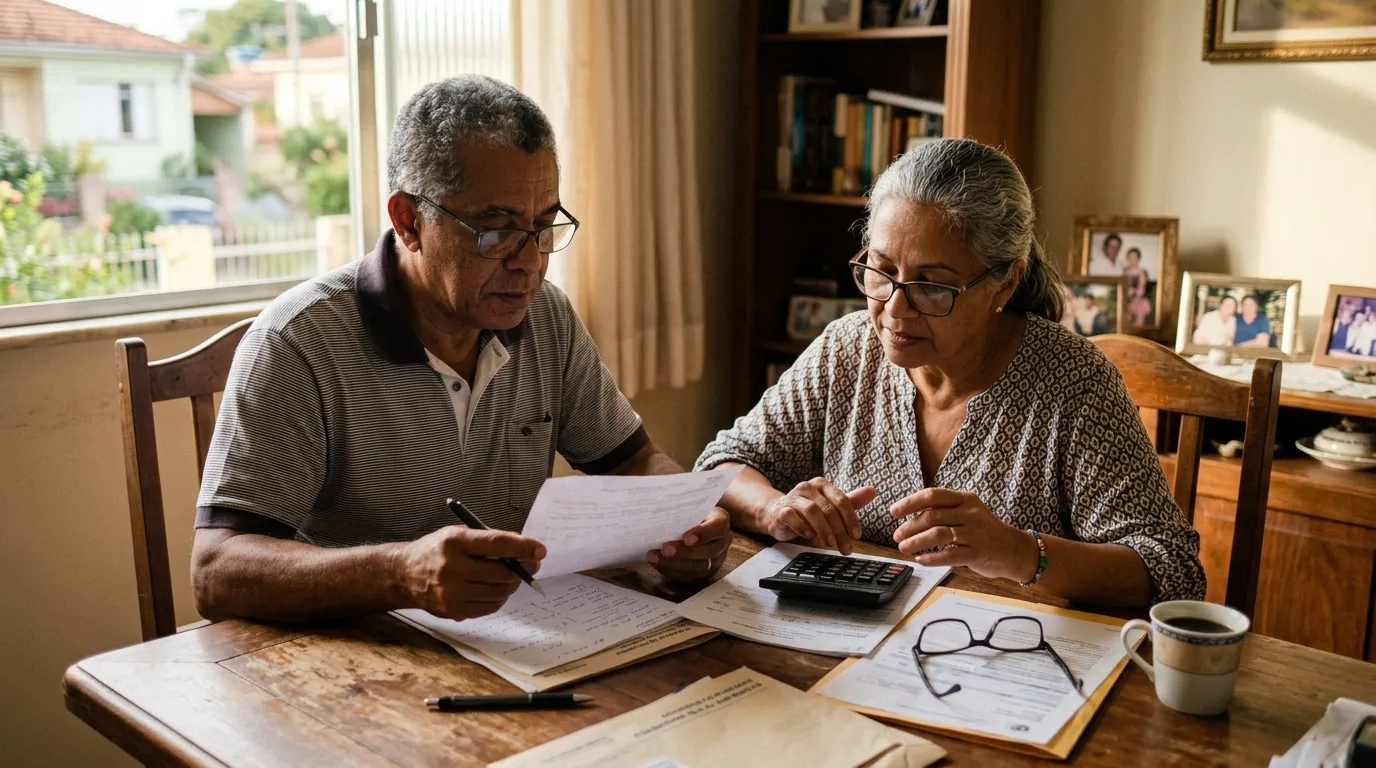 Casal de aposentados sentado à mesa de casa conferindo documentos e uma calculadora, óculos de leitura e caneta em mãos, luz natural quente da tarde, ambiente doméstico tranquilo, expressão atenta