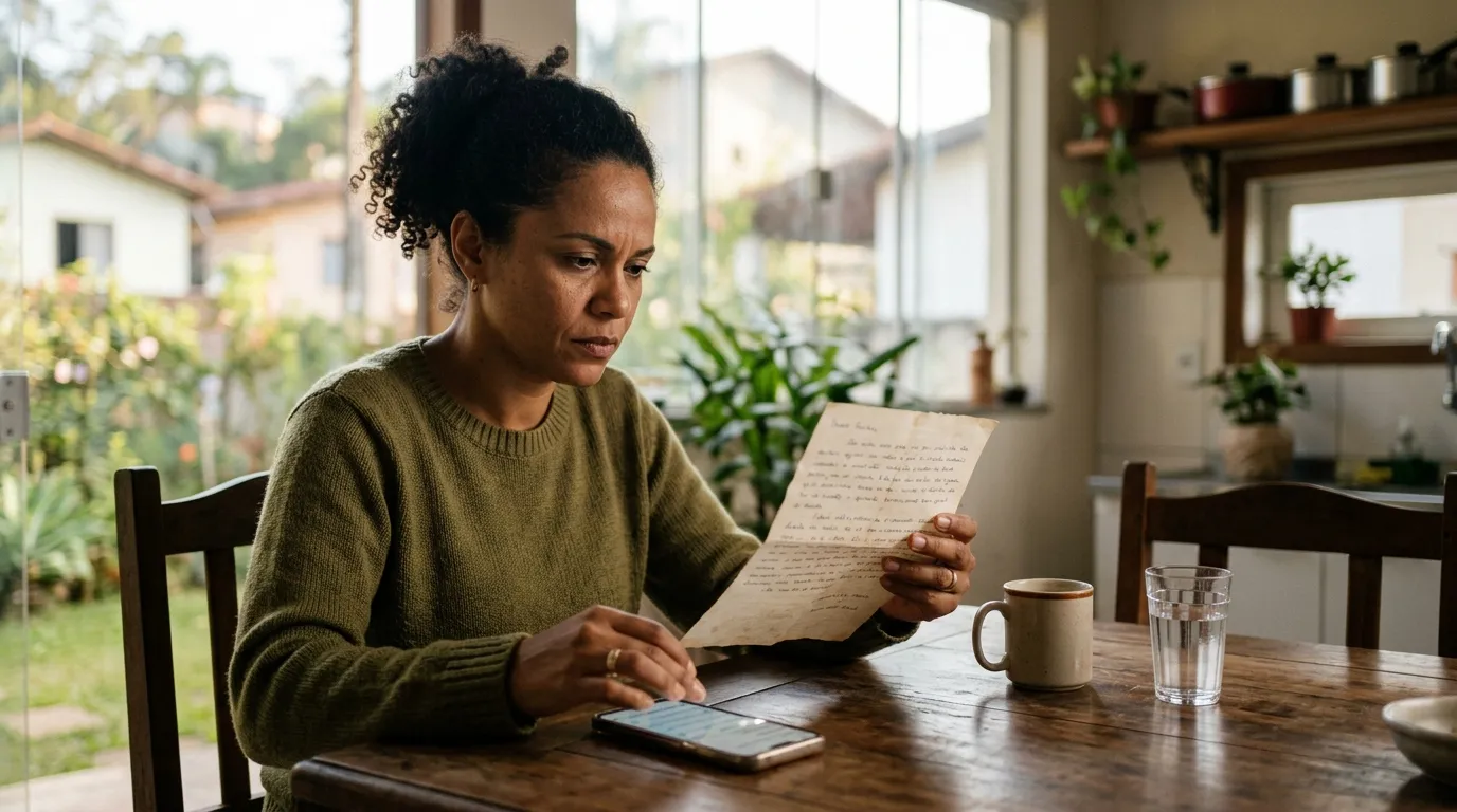 Mulher adulta preocupada analisando uma carta e a tela do celular na mesa da cozinha, luz natural suave de manhã pela janela ao fundo desfocado, expressão atenta e determinada