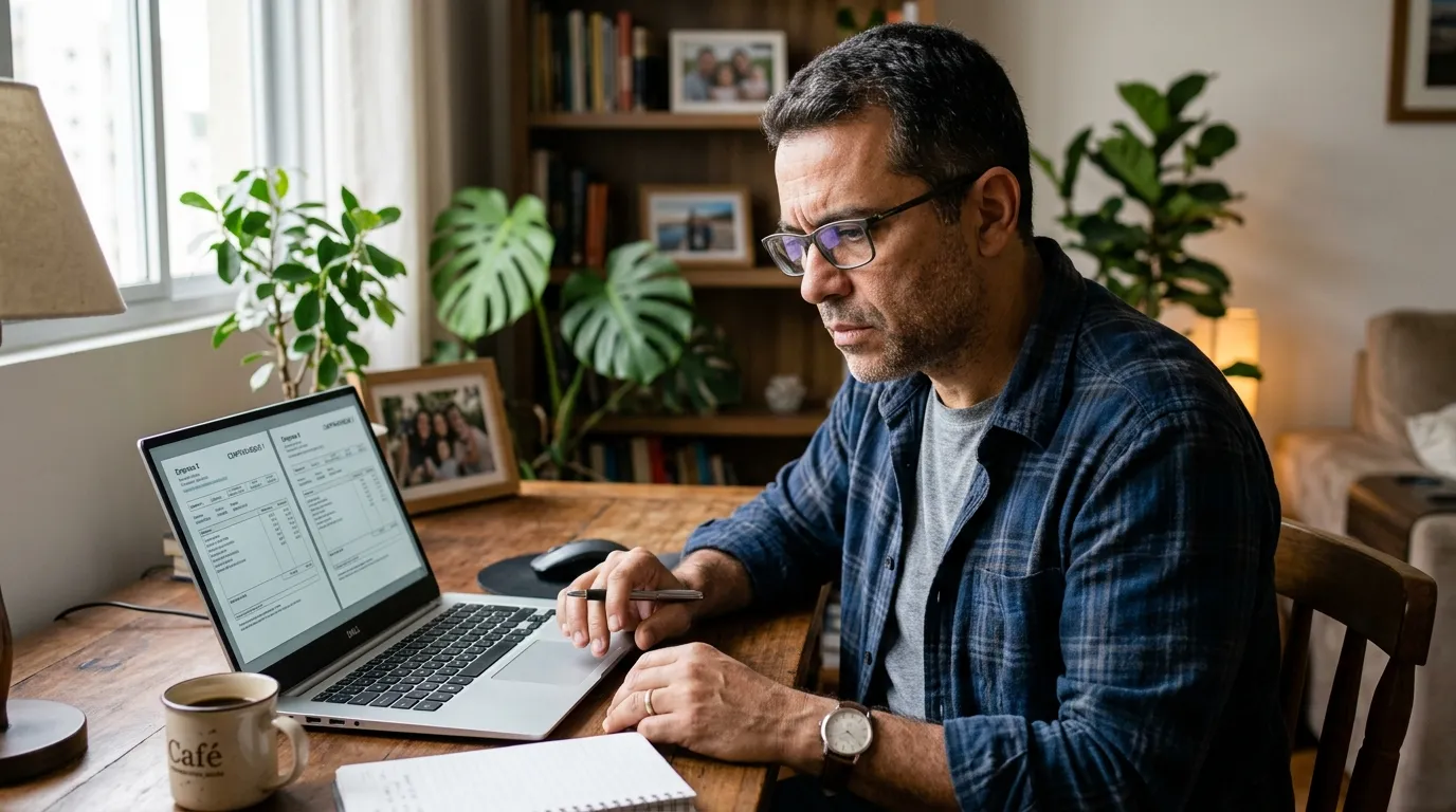 Trabalhador de meia-idade em uma mesa de escritório em casa conferindo dois contracheques lado a lado no notebook, luz natural suave da manhã, expressão concentrada, fundo levemente desfocado