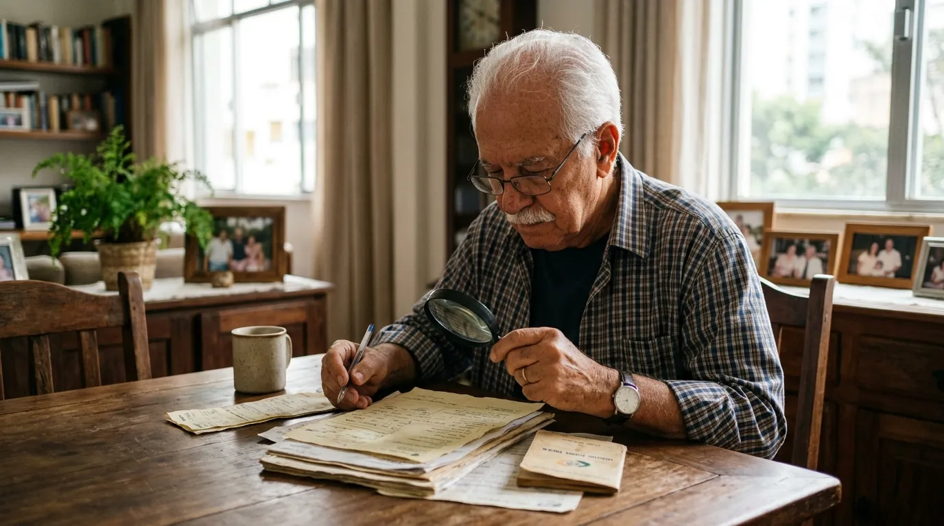 Senhor idoso de cabelos brancos sentado à mesa de casa analisando extratos e documentos antigos do INSS com uma lupa, luz natural suave entrando pela janela, ambiente doméstico organizado, expressão concentrada