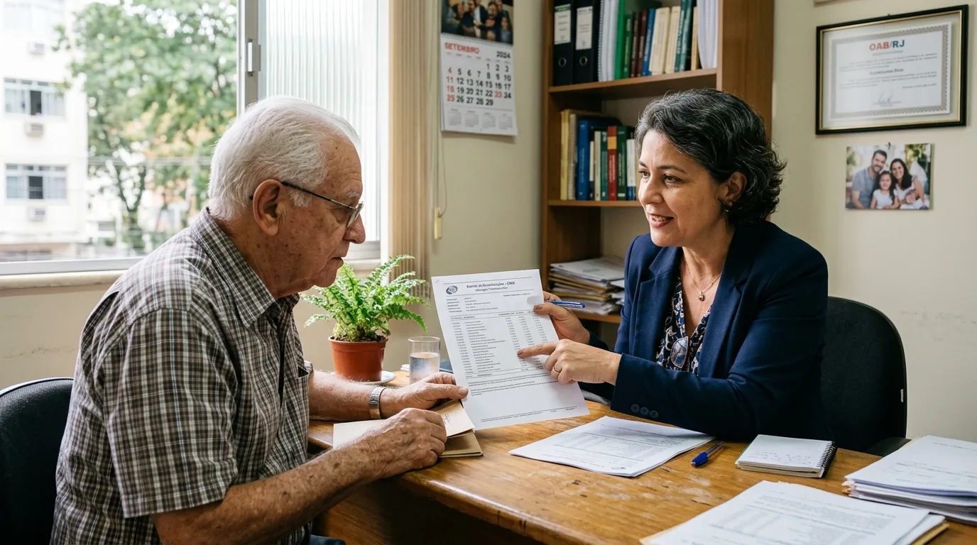 Advogada previdenciária de meia-idade explicando um extrato de contribuições para um homem idoso em um escritório simples, luz natural suave pela janela, mesa com papéis organizados, expressão atenta de ambos