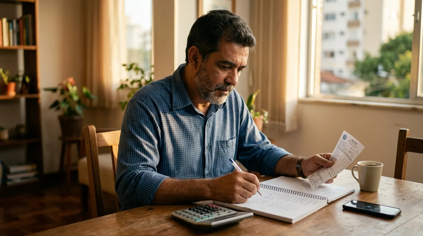 Trabalhador de meia-idade sentado à mesa de casa conferindo um holerite e anotações em um caderno, calculadora ao lado, luz quente de fim de tarde entrando pela janela, expressão concentrada e tranquila