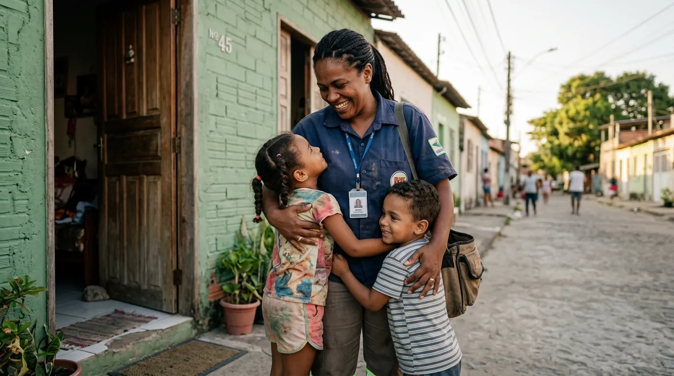 Mãe trabalhadora de uniforme voltando do trabalho e abraçando dois filhos pequenos na porta de casa no fim da tarde, luz quente e suave, rua residencial simples desfocada ao fundo, expressão de carinho e alívio