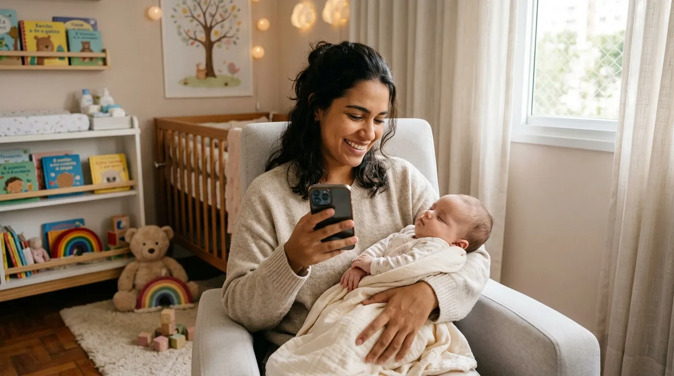 Mãe jovem sorrindo enquanto segura o bebê no colo e consulta o celular em um quarto infantil claro e aconchegante, luz natural suave, tons pastéis, momento de carinho e tranquilidade