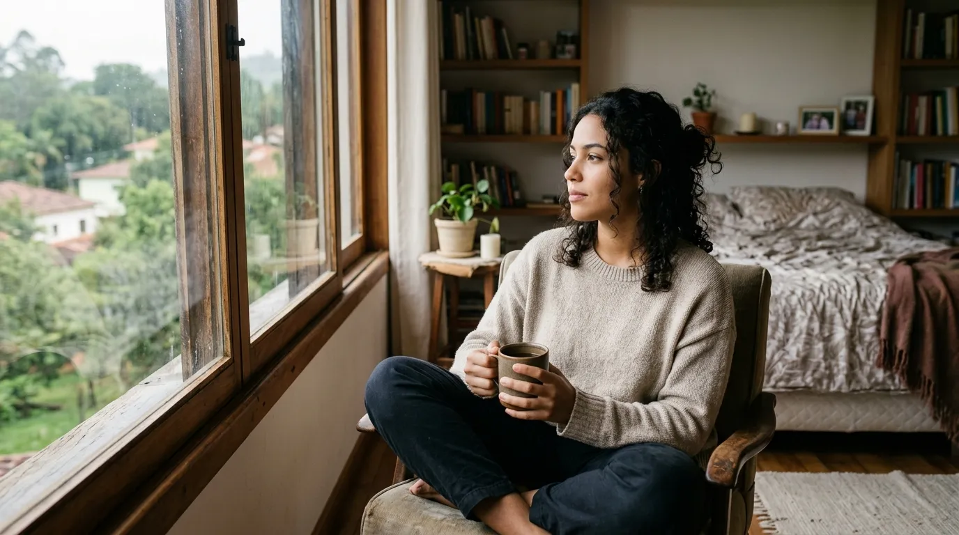 Mulher jovem sentada perto de uma janela num quarto tranquilo, olhar sereno e reflexivo, segurando uma xícara, luz natural suave da manhã, tons acolhedores, atmosfera de recolhimento e cuidado