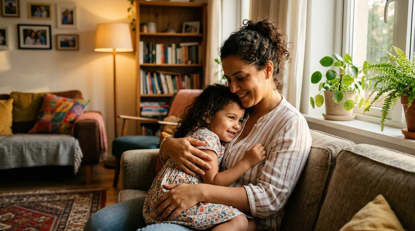 Mãe adotiva segurando no colo uma criança pequena na sala de casa, luz natural quente de fim de tarde pela janela, expressão de carinho e serenidade, ambiente doméstico acolhedor ao fundo levemente desfocado