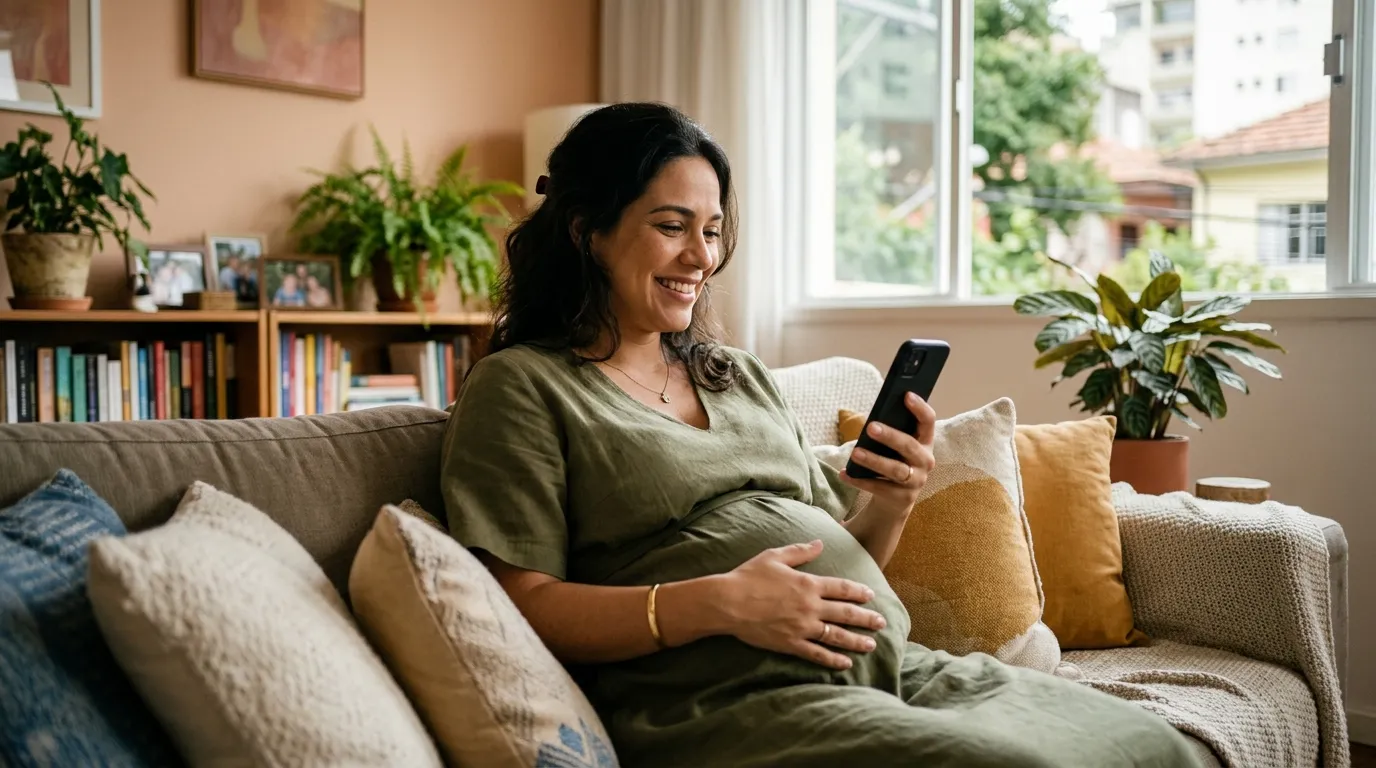 Mulher brasileira grávida sentada no sofá de casa consultando o celular com expressão esperançosa, ambiente aconchegante e iluminado por luz natural suave da janela, mão apoiada na barriga em primeiro plano levemente desfocado