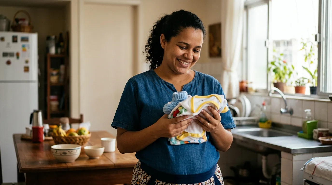 Empregada doméstica gestante sorrindo em ambiente doméstico, segurando um pequeno enxoval de bebê, luz natural suave da cozinha ao fundo levemente desfocada, expressão tranquila e afetuosa