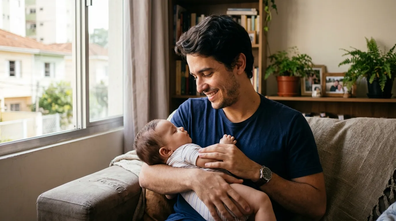 Pai jovem segurando com carinho um bebê no colo dentro de casa, luz natural suave da manhã pela janela, expressão terna e protetora, sala aconchegante e simples desfocada ao fundo