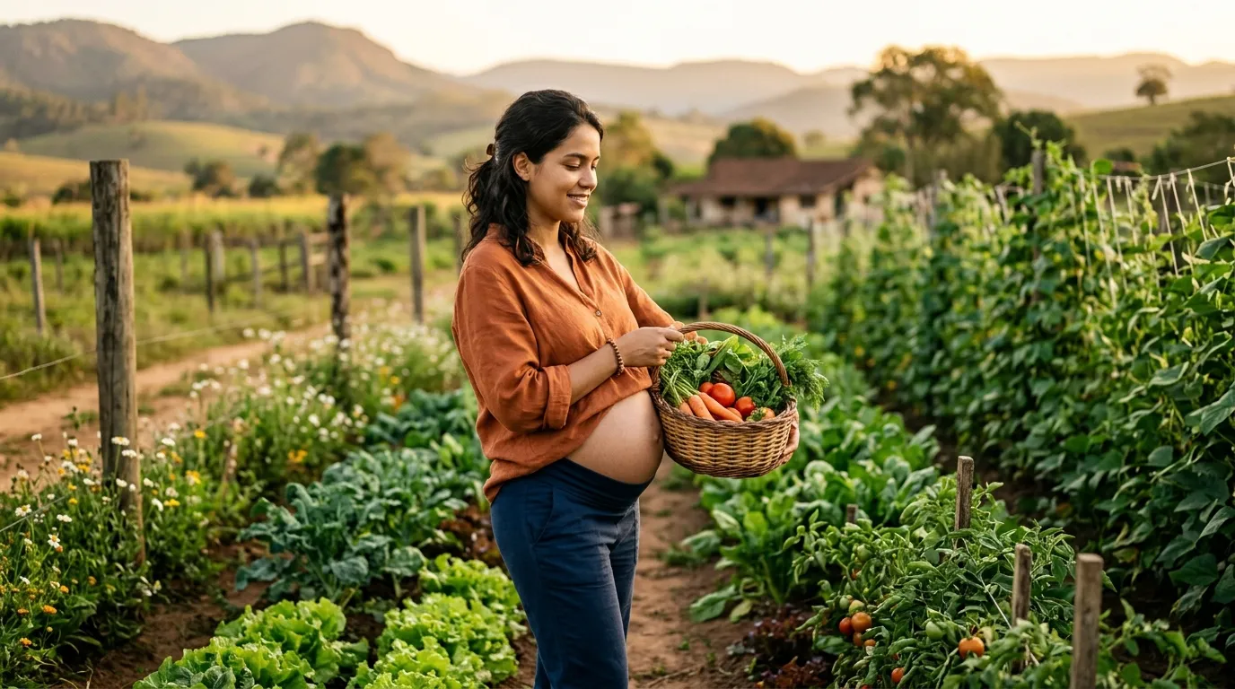 Mulher jovem grávida em um sítio segurando uma cesta de colheita ao lado de plantações, luz natural quente do fim da tarde, paisagem rural desfocada ao fundo, expressão tranquila