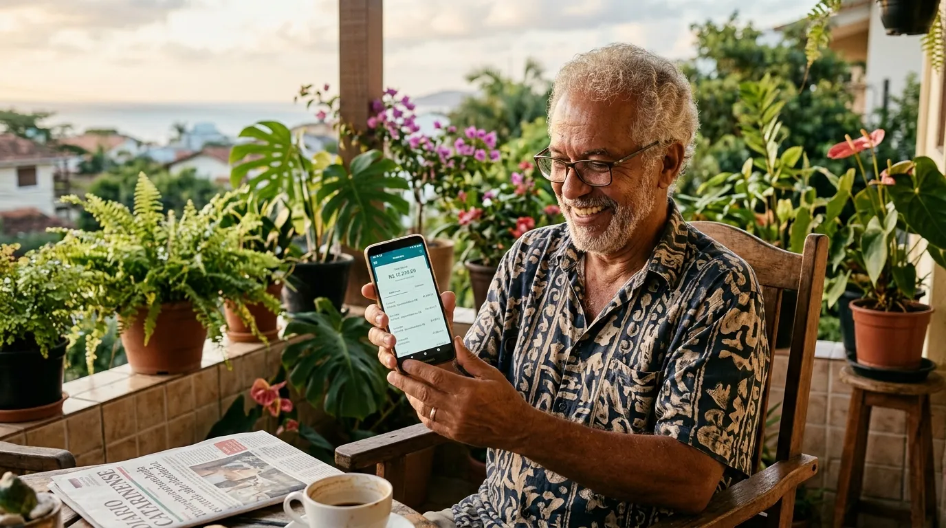 Senhor recém-aposentado sorrindo ao conferir o saldo no aplicativo do celular, sentado em uma varanda com plantas ao fundo, luz natural quente de fim de tarde, expressão de alívio e satisfação