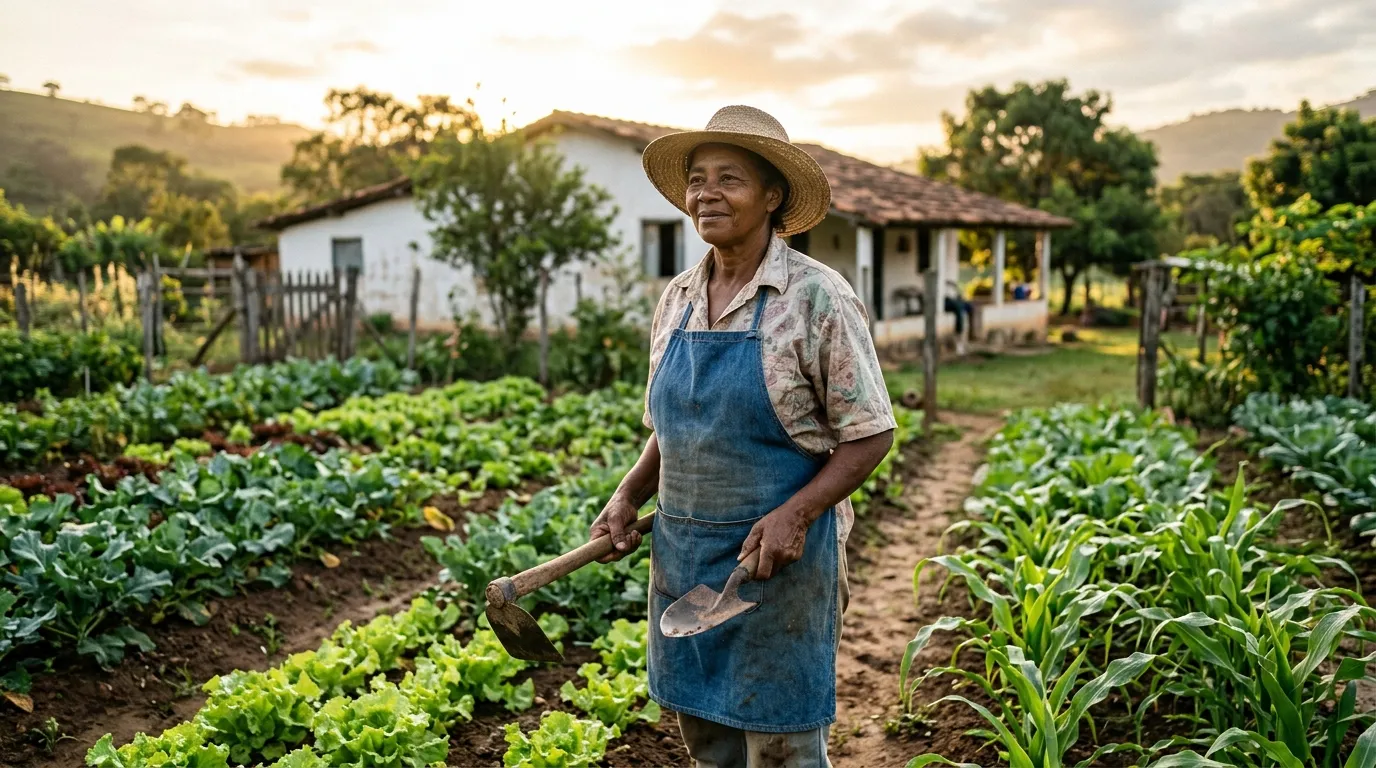 Agricultora de meia-idade com chapéu de palha em uma pequena plantação familiar ao amanhecer, segurando ferramentas simples, luz natural dourada e suave, ao fundo casa rural modesta levemente desfocada, expressão serena e digna