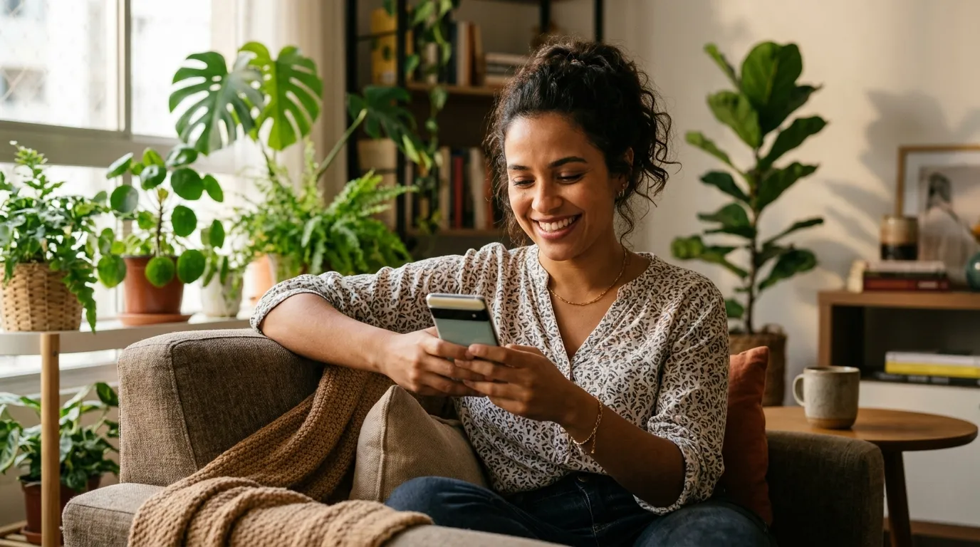 Jovem dona de casa sorridente usando o celular para acessar um aplicativo, sentada em uma sala iluminada por luz natural de fim de tarde, plantas ao fundo levemente desfocadas, clima acolhedor