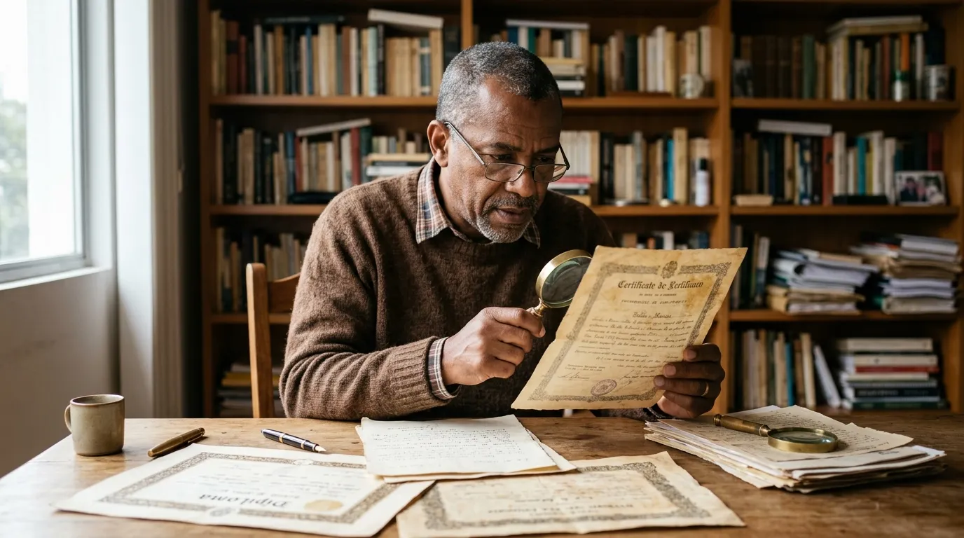 Homem de meia-idade sentado à mesa examinando com atenção diplomas e documentos antigos amarelados ao lado de uma lupa, luz natural suave lateral, estante de livros ao fundo desfocada, expressão curiosa e concentrada