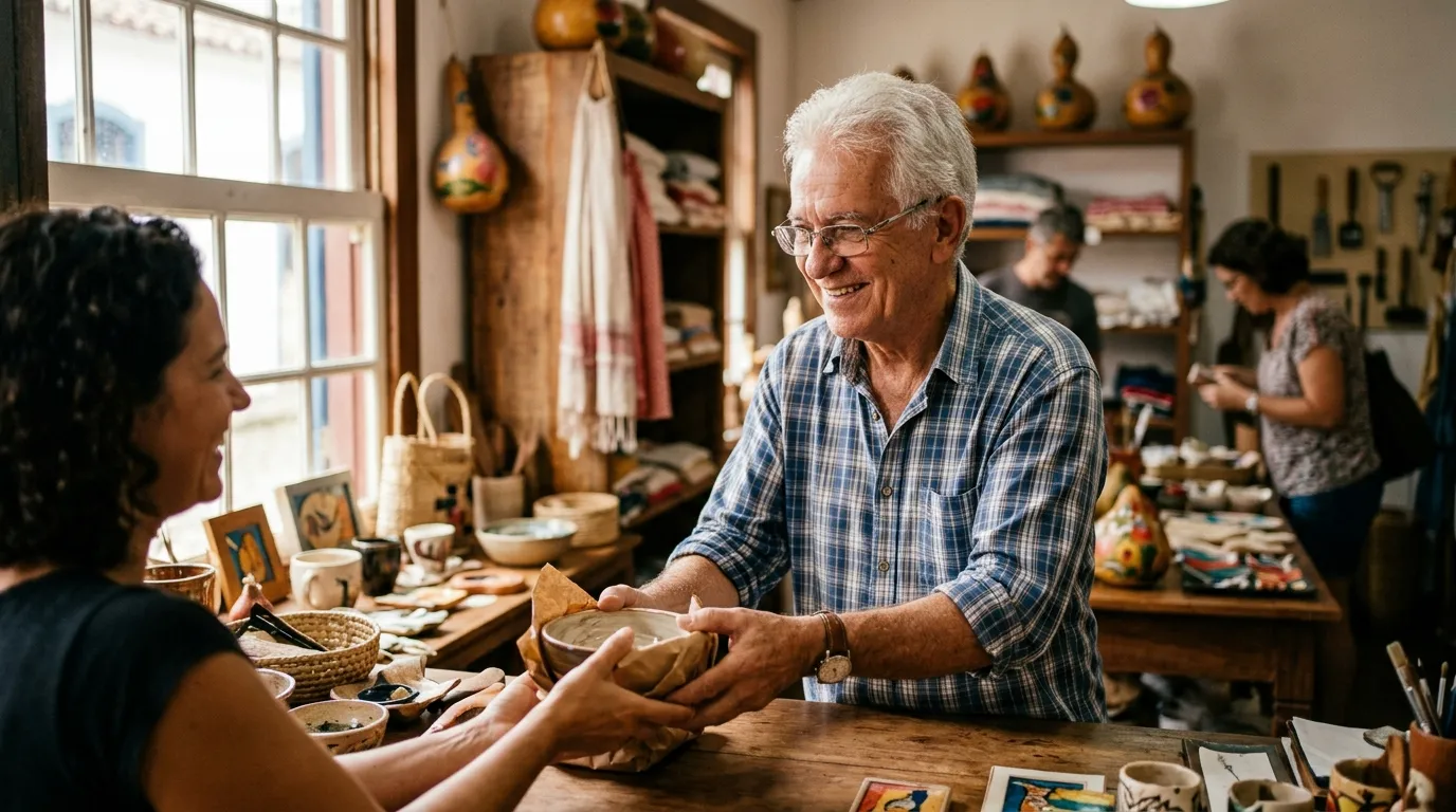 Homem idoso de cabelos brancos e óculos trabalhando em uma pequena loja de artesanato, sorrindo enquanto atende um balcão de madeira, luz natural quente entrando pela vitrine, ambiente acolhedor e desfocado ao fundo