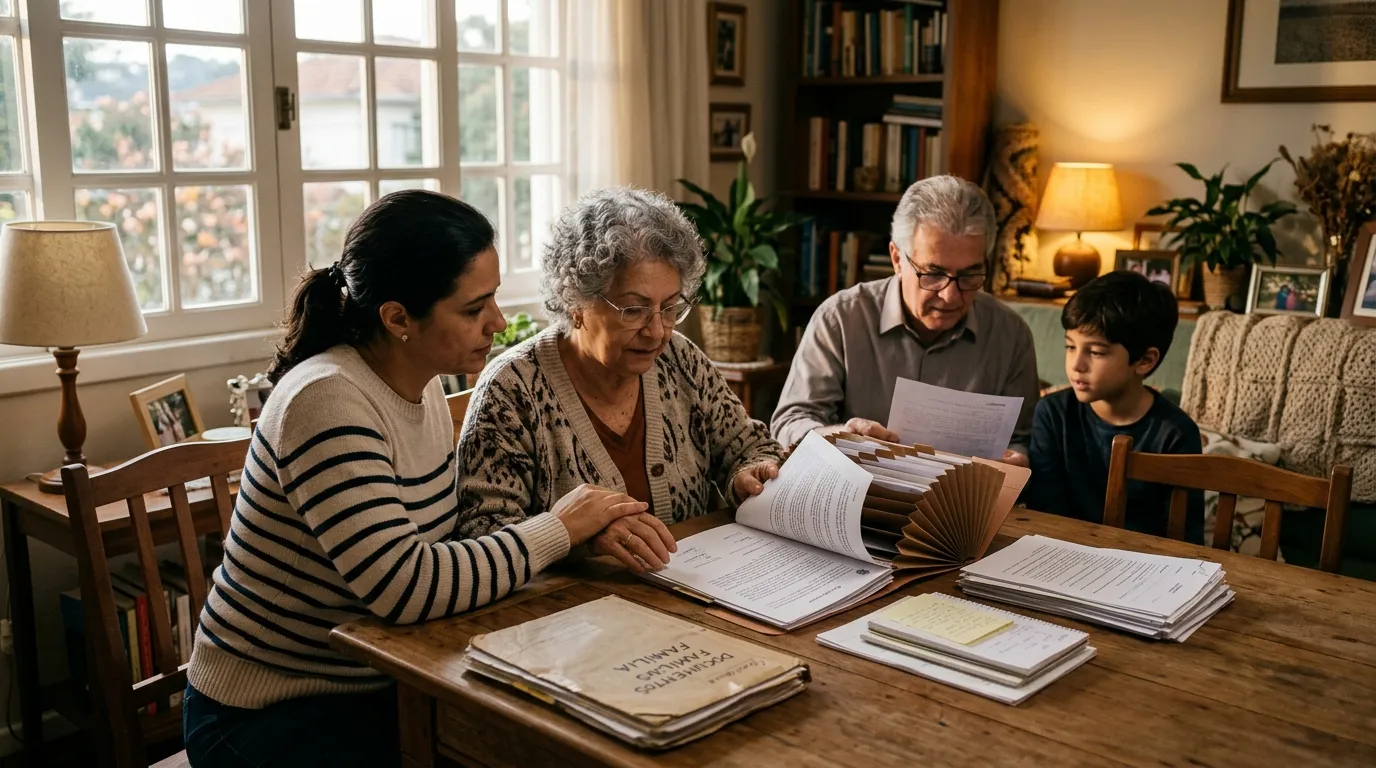 Família reunida à mesa de uma sala aconchegante organizando documentos e uma pasta com papéis, filha adulta apoiando a mãe idosa, luz quente de fim de tarde entrando pela janela, clima de cuidado e solidariedade